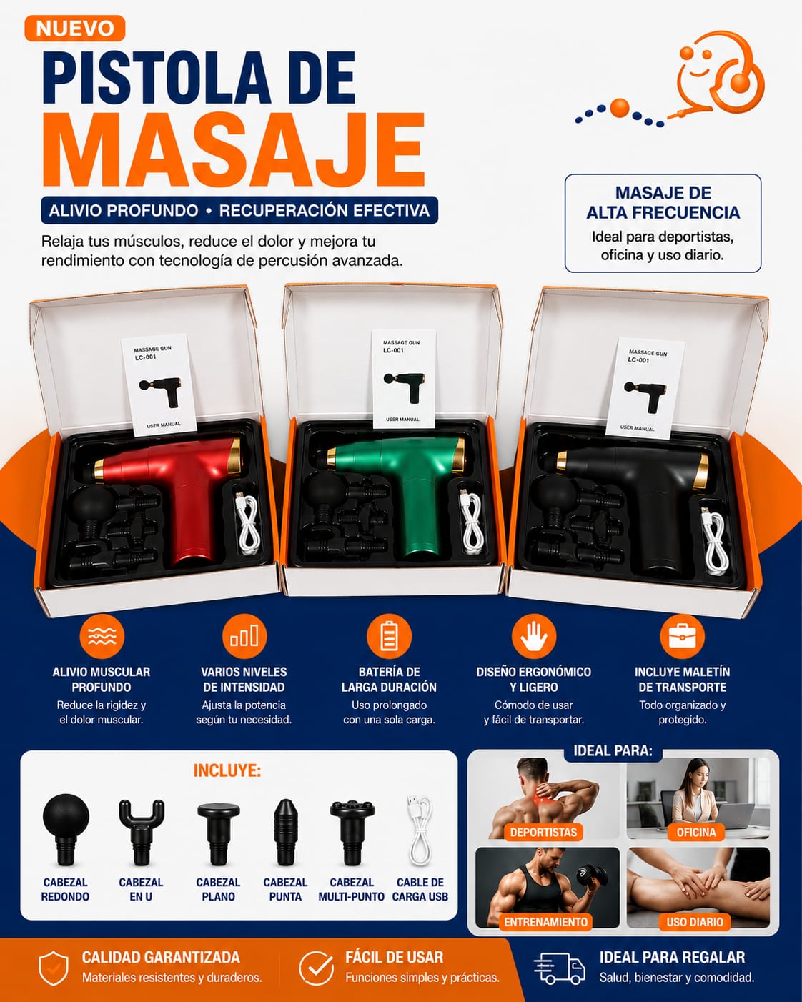 PISTOLA DE MASAJE MUSCULAR RECARGABLE